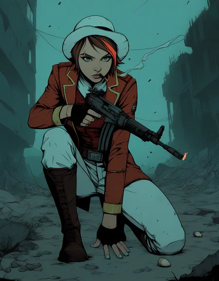 <lora:GTHAN-IL:0.5>, gthan, <lora:Sinozick_style:0.5>, sinozick_illu, comics, bold lines, vibrant colors, dramatic lighting, (masterpiece, best quality, ultra-detailed, absurdres, newest, detailed textures, correct anatomy:1), 1girl, solo, detailed_hands, elegant_fingers, <lora:Fiona-10:0.7>, fiona \(borderlands\), brown hair, green eyes, single red hair streak, eyebrow scar, white bowler hat, red jacket, red vest, turquoise nails, white pants, holding weapon, holding assault rifle, fingerless gloves, science fiction, dystopian, wasteland, shooting from cover, military action, shells on the ground, shells in the air, binematic lighting, depth of field, dynamic pose, dynamic angle, alert gaze, sneak, (dullet holes, aiming, on one knee, bullets whistling:1.3), (flame_burst_from_the_gun:1.3), post-apocalypse, debris, rubble, smoking gun, boots