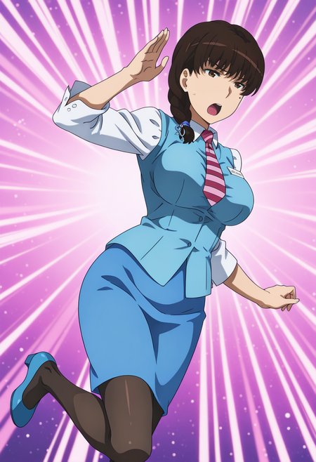 anime screencap, anime coloring, 1girl, solo, mature female <lora:DX888KomachiIL:1> takamiya komachi, mole under eye, brown eyes, brown hair, single braid, 
office lady, necktie, uniform, pencil skirt, pantyhose BREAK  simple background,  purple background, sunburst background, BREAK,   dutch angle, dynamic pose, posing,  standing on one leg