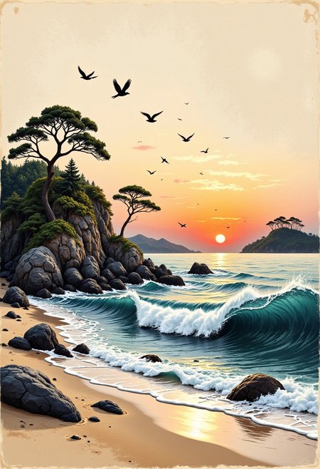 traditional japanese art style, ,rice paper, grunge, ink, watercolor, beach, sea, islands, waves, seabirds, sunset, wabi-sabi