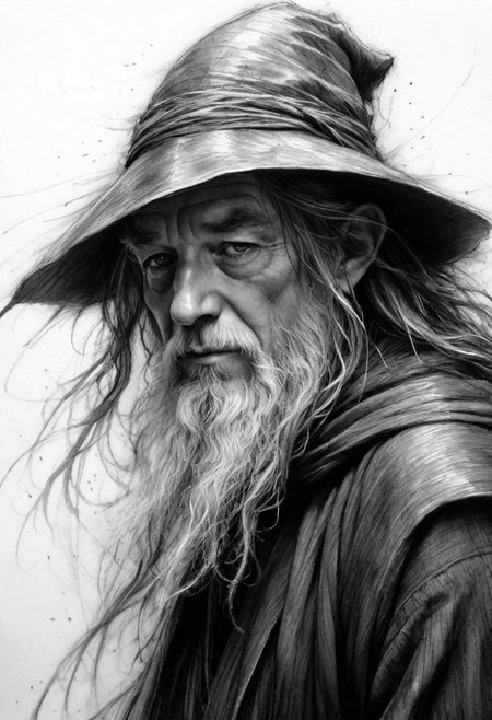 sketch artsyle, charcoal lines, strong blacks, highly detailed linework reminiscent of Carne Griffiths, imbued with Wadim Kashim's texture, light and airy as Carl Larsson's compositions, Gandalf the Grey, motion, wind, heavy rain, featuring Pascal Blanche-style hyper-realistic characters, pastel, elegance, dramatic lighting, greyscale, expressive camera angle, matte, concept art, linquivera
