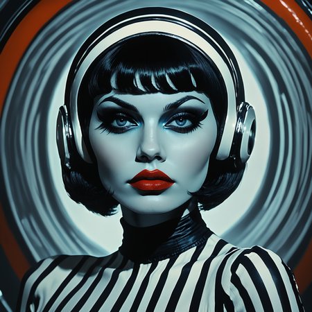 Score_9, score_8_up, score_7_up, score_6_up, BREAK  <lora:Abstract_Retro_Future_MoviePony:1> ArsMovieStill, Movie still from an abstract retro future movie, The image is a portrait of a woman's face. She is wearing a black and white striped top and has a large circular headpiece on her head. The headpiece is made of orange earphones and covers her ears. The woman's hair is styled in a short bob with bangs and her makeup is dramatic with dark eyeliner and red lipstick. The background is a striped pattern in shades of blue and white. The overall mood of the image is futuristic and edgy., 1girl, solo, black hair, makeup, portrait, short hair, lipstick, red lips, colored skin, looking at viewer