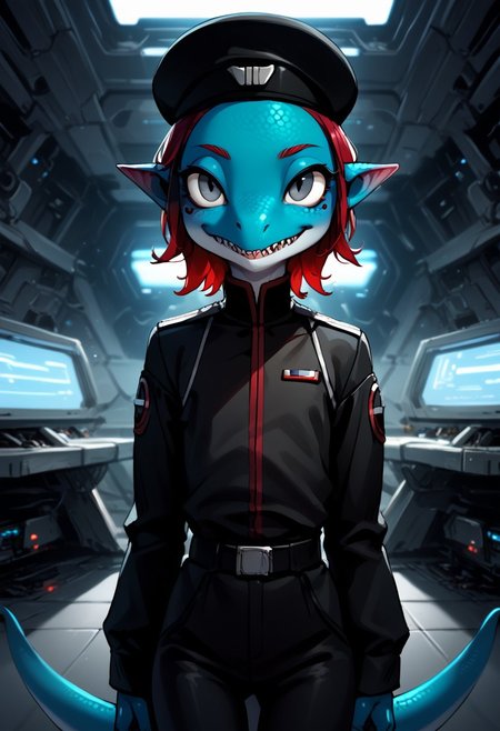 Expressiveh, source: anthro, negative_hand, score_9, score_8_up, score_7_up, (anthro female lizard), 1girl, solo, lizard_female, gray eyes, small ears, pointy ears, long tail, two toned skin, blue skin, white facial skin, red hair, parted bangs, flat chest, black uniform, black beret, black pants, sharp teeth, grinning, futuristic background, bedroom, standing, standing at attention, 
close up, 3/4 view,