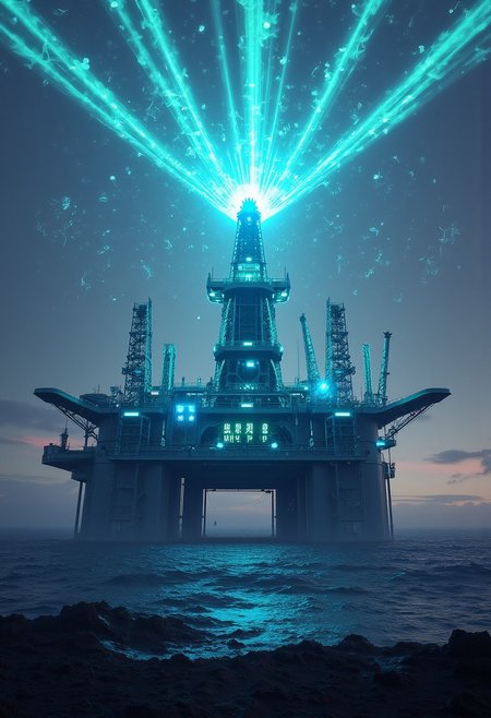 "In the heart of a vast, futuristic oil rig, towering above a churning ocean, stands a massive, high-tech fuel depot that glows with an otherworldly energy. The rig, a marvel of advanced engineering, is composed of sleek metal and transparent panels that reveal the glowing blue liquid being processed within. Giant mechanical arms extend from the rig, harvesting luminous orbs of 'Buzz' from deep within the ocean’s mysterious depths. These orbs are then funneled through translucent pipelines into a central reactor that pulses with immense power.
Above the rig, suspended in the sky, a holographic display lights up the clouds, casting the word "Fuel the Fire with Buzz!" in bold, electrifying letters. The sky is alive with streaks of lightning and auroras, reflecting the sheer energy being generated. Workers, clad in advanced exosuits, oversee the process, their silhouettes highlighted against the brilliant glow of the rig’s operations. The scene is a blend of industrial might and futuristic wonder, where the collection and harnessing of Buzz fuel the very heart of this powerful, energy-producing machine."