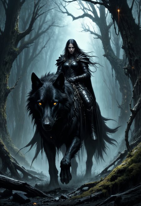 A mysterious and powerful woman clad in dark leather armor rides a massive, black dire wolf through a misty, ancient forest. The wolf’s glowing amber eyes radiate fierce intelligence and primal ferocity, its fur bristling as it moves stealthily across the damp, moss-covered ground. The woman, her long dark hair cascading over her shoulders, exudes a commanding aura, her gaze piercing and unwavering as she surveys the shadowy surroundings. The forest is dense with towering, gnarled trees whose branches stretch like skeletal fingers into the foggy sky. The atmosphere is filled with an eerie quiet, broken only by the soft rustle of leaves and the faint sound of the wolf’s padded footsteps. This scene captures a perfect balance of primal power, gothic mystery, and untamed wilderness. gothic fantasy, dire wolf, female warrior, misty forest, glowing eyes, dark atmosphere, ancient wilderness, ethereal mystique, high detail.  <lora:FluxMythP0rtr4itStyle:0.75>  <lora:Elden_Ring_-_Yoshitaka_Amano:0.5> <lora:artisketchyfs-v02:0.5> <lora:Dever_Flux_Enhancer:0.5>
