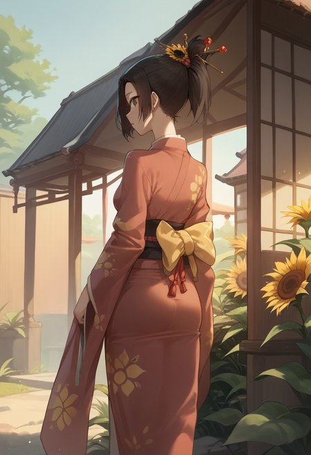 score_9, score_8_up, score_7_up,rating_explicit,1girl,solo, fuu, tight kimono,  hair ornament, hair stick, ponytail, outdoors, looking back, slim, skinny, slim hips, from behind, sunflower