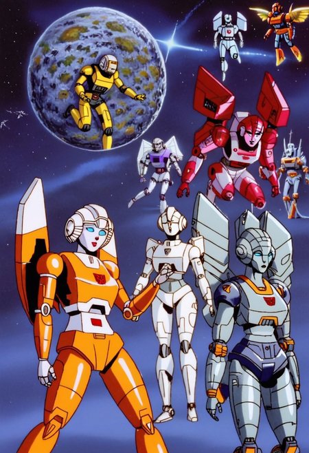 robot planet in space
score_8_up <lora:Transformers 86 FT-, 5 characters, female, Autobot, break, first character: wings, slim waist, transforms in to space jet, armour (orange, white red), break, second character: transforms in to space jet, armour (Red, white, orange, narrow wings, break, third character: transforms in to space jet, armour (Red, white, orange), wings, break, fourth character: transforms in to space jet, armour (Red, orange, white) large wings, break, fifth character: large bulky, transforms in to heavy space gunship, armour (Red, white, orange), 000005:1>