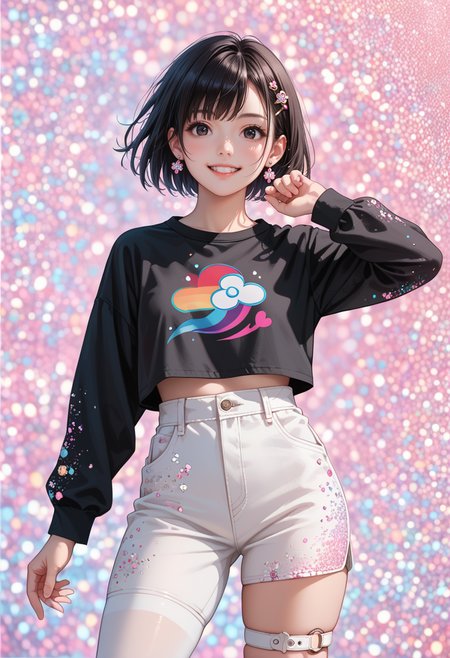 score_9, score_8_up, score_7_up, masterpiece,source_anime, best quality, perfect anatomy, very aesthetic, ((outlined outlined vector graphics)),glittering, glimmering, pink theme,detailed background,cowboy shot,cute face,
1girl,20yo, black hair, black eyes, short bob hair, hair pin,small breast, black shirt,slender,(white thigh strap:1.1),(black clohtes:1.1),
, looking at viewer,, jewelry, earrings, parted lips,, long sleeve ,  standing , ,  action pose ,white pants, (clothed:1.4) , grin , rainbow, casual ware, rainbow powder background   <lora:rainbow-powder-background-01:0.9>