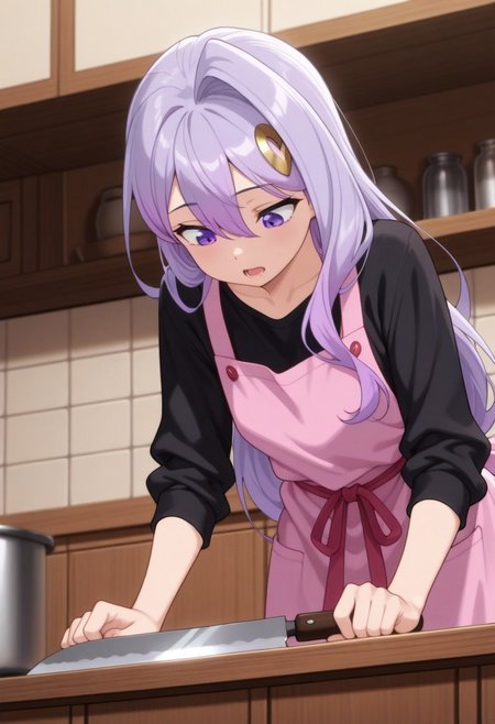 masterpiece,best quality,amazing quality, silk von santana, purple hair, long hair, purple eyes, 1girl, apron, solo, hair ornament, black shirt, looking down, shirt, pink apron, open mouth, kitchen knife, knife