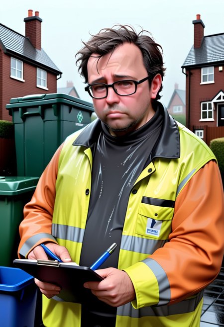 Very detailed, hi res
40 year old man, thickset, very short dark hair, miserable, haggard, stubble, wearing hi vis jacket, thick glasses, double-chin, jowls, clipboard, raining
standing by wheelie bins, big house with lawn and tall chimneys, small waste van, close-up 
<lora:Bucksman:0.7>