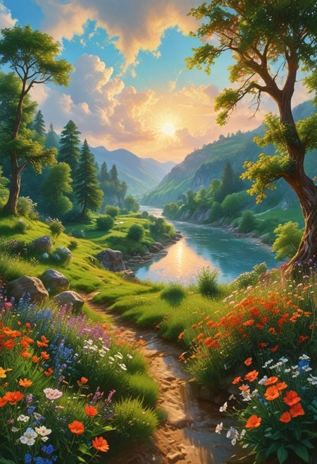 OverallDetail. A serene and breathtaking landscape of a lush meadow, stretching out as far as the eye can see. The carpet of vibrant green grass is speckled with wildflowers in every color of the rainbow, swaying gently in the warm breeze. In the distance, rolling hills rise and fall, adorned with dense forests of towering trees, their canopies intertwined to create a natural ceiling of emerald greenery. A crystal-clear river meanders lazily through the valley, its sparkling waters reflecting the blue sky above. The horizon is dotted with puffy white clouds, casting soft shadows across the landscape. The air is filled with the sweet scent of flowers and the song of birds, creating a harmonious symphony of nature. A warm golden glow bathes the entire scene, painting everything in warm hues, as the setting sun slowly dips below the horizon, signaling the end of another day in this idyllic natural landscape.