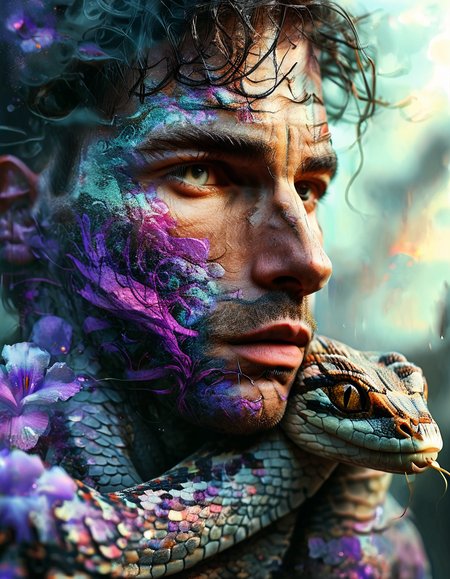 high quality, ultra detailed, colorful, abstract, fantasy, bo-abstract, bo-abyss, a highly detailed digital artwork featuring a close-up of a men face and a snake, the subject's skin is pale, with a smooth texture that resembles scales, and the snake's head is intricately detailed, with its head facing towards the viewer, its eyes are large and expressive, with vivid purple irises and long, dark eyelashes, giving it a mystical, almost ethereal appearance, the eyes are surrounded by a shimmering, iridescent quality, suggesting a magical or otherworldly quality, the background is a soft, gradient of light purple and white, creating a dreamy, ethereal atmosphere, the texture of the scales is smooth and glossy, reflecting light and creating a sense of depth, the overall style is highly realistic with a touch of fantasy, blending elements of realism and fantasy art, the artwork is rich in detail, capturing the textures of the human skin, the colors are vivid and vivid, enhancing the ethereal and otherworldly feel of the scene, partially blended with abstract digital elements. The scene has a dark, moody ambiance. The background features layers of glitch art, fragmented texts, and metallic textures. contrasting against the monochromatic tones of black, grey, and hints of red. Smudged paint and scratches add a sense of decay and technology,