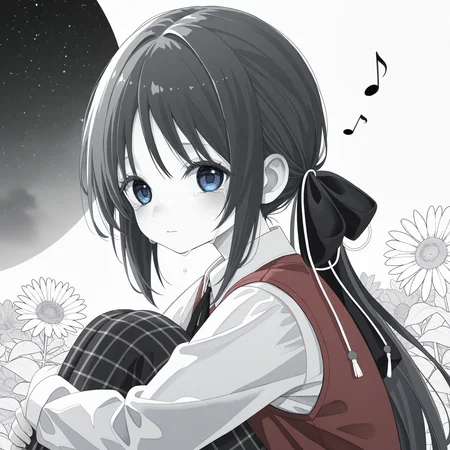 <lora:osetoiro_art_n16c16_nai_loha:1.1>,osetoiro art,greyscale,
<lora:Tortinita_Fine_1_nai-000027:1>,Tortinita Fine,ponytail,hair bow,black bow,hair ornament,blue eyes,
red vest,white shirt,collared shirt,long sleeves,black neck ribbon,dress vest,plaid skirt,
1girl,solo,looking at viewer,hugging own legs,from side,streaming tears,flower,musical note,