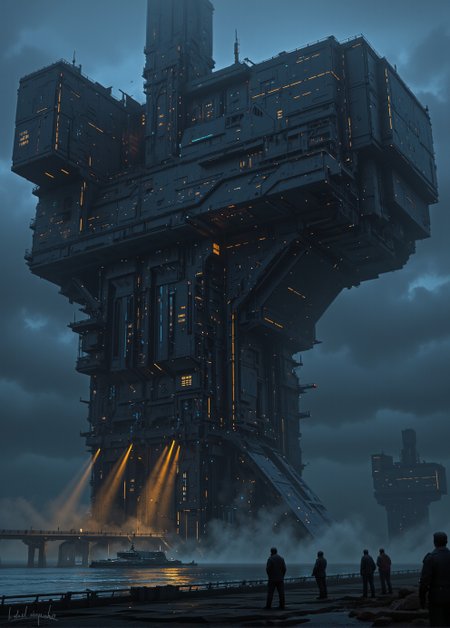 <lora:ck-Sci-Fi-Concepts:0.7>, in the style of ck-sfc, Visualize Artemis Station as an bandit outpost, their dark metallic surfaces glistening with condensation from the stormy sea. Intricate, glowing lines of orange and blue lights, hinting at the advanced technology within.  The lighting is vibrant and eerie, with occasional beams piercing through from docking bays, casting long, dramatic shadows. The camera is set at ground level, looking up at the overwhelming scale of the station, emphasizing its imposing and mysterious nature. no humans.
<lora:flux.1_lora_flyway_Epic-detail_v2:0.6>
 <lora:CPA:0.5>
 <lora:BLUE_mk4_angel_FLUX_01:0.30>