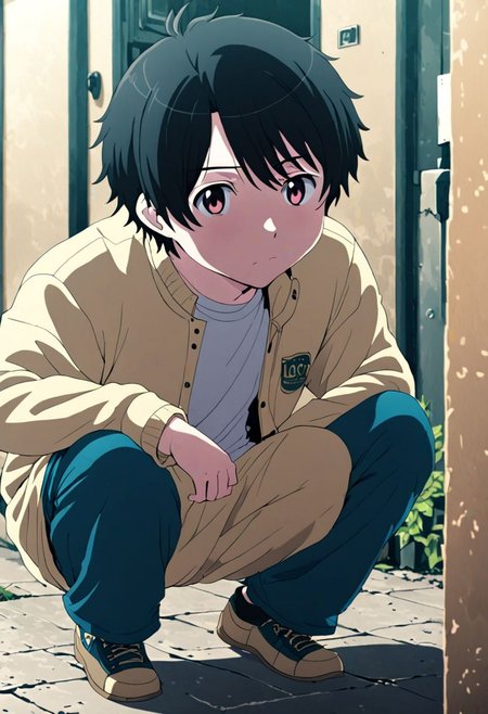 high resolution, solo, best quality, 1Boy, Inaho Kaizuka, Black Hair, lofi, candid, squat, depth of field, photo model, looking at viewer, OverallDetail