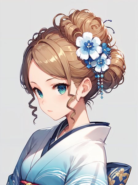 score_9, score_8_up, score_7_up,source_anime, high res image,masterpiece,best quality,girl,cute face,clear skin,shiny hair,ultra detailed eyes,simple background, <lora:morigami_pony_V1.0:1> morigami,hair flower,curly hair,hair bun,kimono