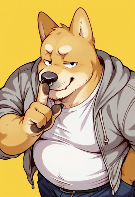 1boy, golden background, solo, male, anthro, shiba, dog, pointed ears, black nose, two tone fur, fat, fat, belly, broad shoulders, plump, overweight, big belly, golden fur, black claws, four fingers, coiled tail, black eyes, nose piercing, BREAK smug, (shushing, gesture), looking at viewer, looking up, gray jacket, open jacket, white t-shirt, navy blue pants, face close-up, upper body, dynamic angle, pads, high angle, side angle, face focus, side view