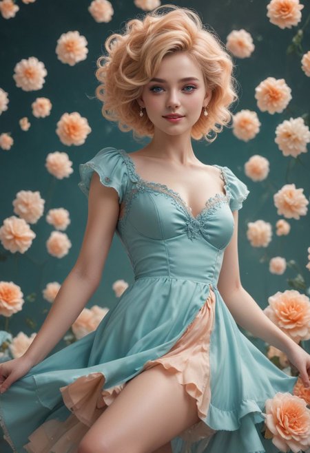 full length view, Romantic Rosette dress,  low angle shot, bottom view, (Surreal), (illustration), (Resolution enhancement), (8k), (Very detailed), (Best illustration), (Beautiful and delicate eyes), (best quality), (Super detailed), (masterpiece ), ( wallpaper), (Detailed face),one blonde, curls,(High top fade in and out:1.3), (Smile brightly, bright look), dark theme, soothing tone, pastel colors, high contrast, (natural skin texture, Surreal N;NI, soft light, Impatient),exposure blending, medium shot, Bokeh, (human development report:1.4), high contrast, (Movie, teal and orange:0.85), (pastel colors, fade, soothing tone:1.3), high saturation, (Super detailed:1.2)