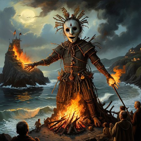 warm light style, DonMn1ghtm4reXL, stephen gammell (artist), chiaroscuro, low-key,  great lighting, corcoc3s, c3s,(Folk rural horror:1.5), (isolated island community:1.3), (massive wicker man structure:1.5), (twilight scene on coastal cliff:1.2), (jubilant villagers dancing:1.4), (pagan ritual atmosphere:1.3), (protagonist peeking out from wicker man's gaps:1.4), (flickering torches illuminating scene:1.2), (ominous bonfire preparations:1.3), (traditional folk costumes with unsettling masks:1.4), (contrast between festive mood and impending doom:1.5), (Celtic-inspired designs on wicker man:1.2), (stormy sea in background:1.1), oil painting technique, hyper-detailed, 8k resolution, (Edward Burra meets Thomas Hart Benton style:1.4), unsettling warm light from flames, (sense of inescapable fate:1.3), (blurred line between celebration and cruelty:1.4), photorealistic textures, (oppressive inevitability:1.3), (implicit threat in joyful faces:1.4), (foreboding atmosphere despite festivities:1.5), (implied danger rather than explicit content:1.4)