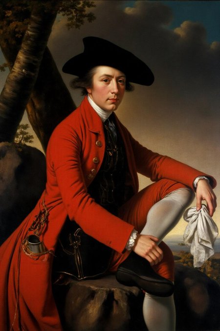 josephwright1 painting. 
A man in a red coat with gold trimmings and a black hat sits on a rock with his legs crossed, holding a white cloth in one hand and a metal container in his pocket. Behind him is a tree.
 <lora:josephwright1_cap_d6a3e12:1.0><lora:849111859633118123:0>
