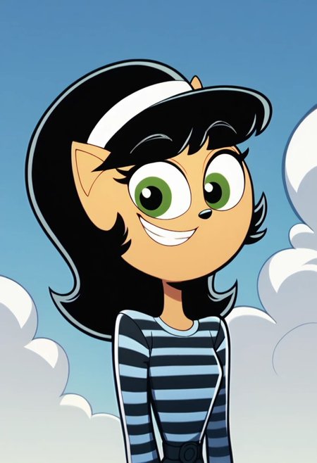 score_9, score_8_up, score_7_up, score_6_up, score_9, score_8_up, score_7_up, score_6_up, BREAK, kitty, green eyes, black hair,1girl, green eyes, black hair, solo, striped shirt, shirt, striped clothes, smile, sky, upper body, pointy ears, cloud, long sleeves, hairband, grin