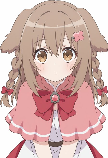 <lora:Ringo OUHOSHI_illustrious-000040:1>,
(HSP)Ringo,solo,braid,dog ears,brown hair,blush,brown eyes,twin braids,looking at viewer,hair ornament,red bow,tunic,v arms,long hair,pink capelet,white_background,simple_background