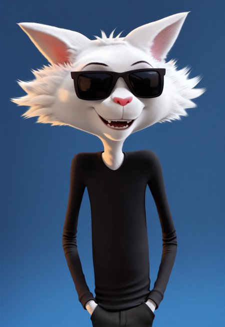 score_9, score_8_up, score_7_up, Expressiveh, masterpiece, best quality, highly detailed, realistic, (zPDXL3), 1boy, solo, (AngusSG, furry, anthro, feline, cat, pink inner ear, pink nose, black nose, sunglasses, white body, white fur, skinny, sunglasses covering eyes, clothed, black shirt, tail), three-quarters portrait, smile, ((blue background, simple background, black pants)), smile, open mouth, teeth, hands in pockets
