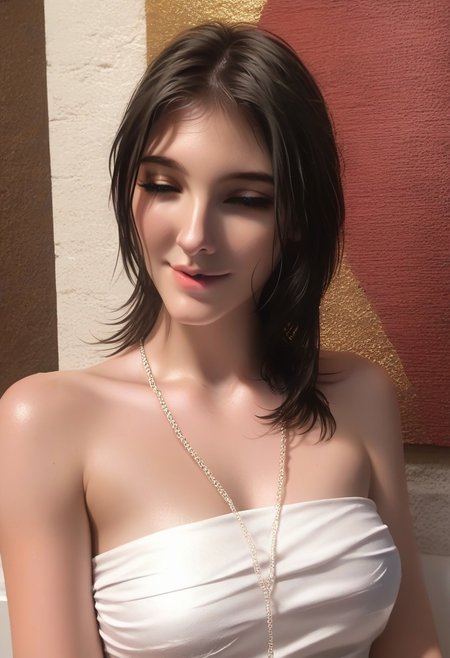 score_9, score_8_up, score_7_up, score_6_up, source_cartoon, 1girl, female, solo, femenine, petite, lean, pale skin,, soaking wet hair, smile, diaphonous white dress, bronze necklace, medium breasts, female focus, official style, close up, perfect anatomy, perfect face, standing,  abstract beauty, beautiful, centered, looking at the camera, approaching perfection, dynamic, moonlight, highly detailed, watercolor painting, artstation, concept art, smooth, sharp focus, illustration, portrait