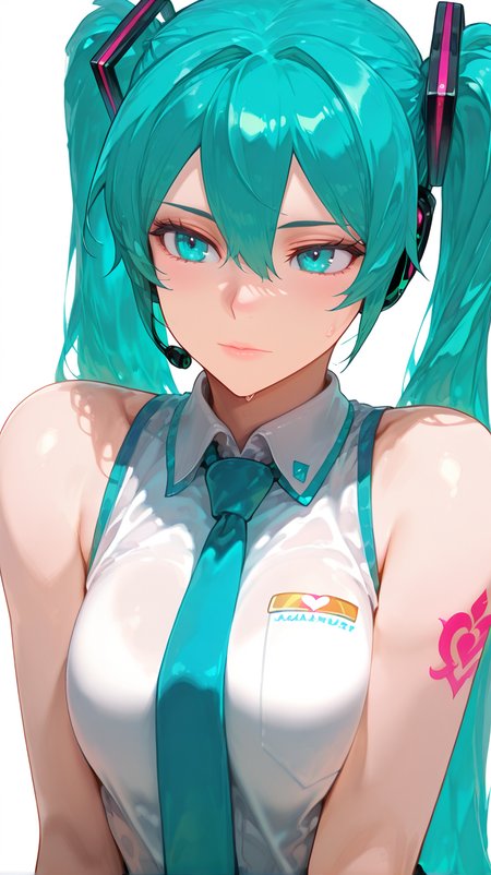 hatsune_miku, 1girl, solo, long_hair, looking_at_viewer, simple_background, shirt, hair_ornament, white_background, bare_shoulders, twintails, white_shirt, upper_body, sweat, necktie, sleeveless, sweatdrop, aqua_eyes, sleeveless_shirt, aqua_hair, frown, looking_down, half-closed_eyes, microphone, headset, aqua_necktie