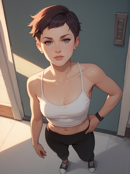 score_9, score_8_up, score_7_up,  1girl, cartoon, western animation, looking at viewer, flat colors, outline, standing, full body, from above,  <lora:ellenkpxl:1>, ellenkpxl, short hair,