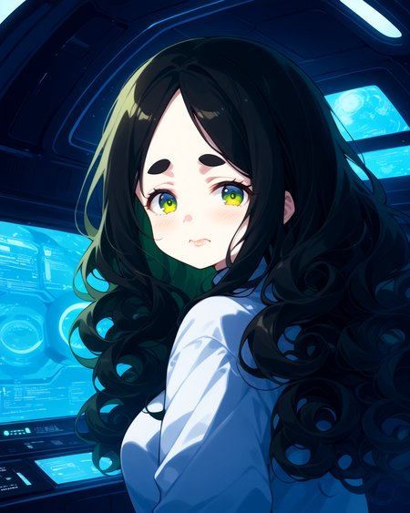score_9, score_8_up, score_7_up, score_6_up, source_anime, rating_safe, ah1, 1girl, (curly hair), long hair, (black hair), mature female, (parted hair:1.7), (round face), (no_bangs:1.3), (no_fringe:1.6), looking at viewer, (thick eyebrows), round-chin, (dark olive green eyes), caucasian, down-turned eyes, <lora:ETO_OCPonyXL:0.5> eto_oc, skindentation, short female, kinky curls, lips, bad-hands-5, <lora:venus body PonyXL:0.3>, <lora:Kutibue_Art_Style:1> Kutibue, (a ghostly children haunting a school), (A futuristic space-age bedroom aboard a luxury spaceship, with curved white walls, touch-screen control panels for lighting and entertainment, a zero-gravity sleep pod with a panoramic window offering views of distant galaxies, and a holographic projection system for immersive entertainment experiences), (Engrossed),