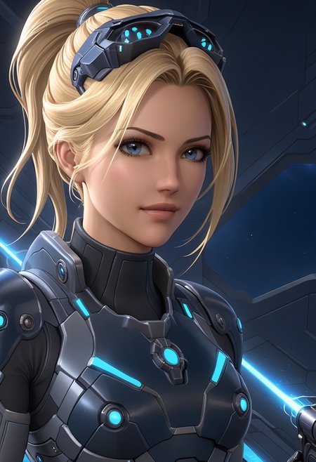 (masterpiece, top quality, 8K, high details), realistic, volumetric light, sfx effect accentuating the voluptuousness of the character, breathtaking, (medium full shot),
(solo female, "Nova Terra" from Starcraft), "Nova Terran" mature detailed face, smirk,posture exudes strength and precision, smooth brows, attractive eyelashes,blonde long detailed smooth hair, High Ponytail hairstyle, large hip, fit torso,blue eyes, detailed eyes, eyes reflection, round pupil, symmetrical eyes,  covert ops background, (futuristic sniper riffle), holding a sniper in one hand,
(psychic effect emanating from her swirling purple and blue energy), The psychic power crackles like electricity warping the air around her with rippling waves, Nearby stones levitate and glow faintly under the psionic energy's influence,
BREAK,
(A sleek futuristic grey armored breastplate and grey armored gloves and grey armored shoulder pads and grey reinforced boots with smooth futuristic grey metallic surfaces),armors features glowing blue neon accents running along the edges of the suit creating a high-tech and tactical appearance, white inner combat suit cloth, The tight fitting combat suit is detailed with subtle engravings and blue panels that emphasize its advanced technology,
BREAK,
night visor on top of the head