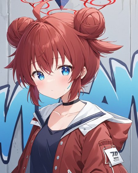 maki \(blue archive\),1girl, double_bun, graffiti, ahoge, solo, red_jacket, looking_at_viewer, long_sleeves, upper_body, halo, blue_nails, paint_splatter_on_face, white_shirt, tank_top, black_choker, collarbone, open_jacket, blush, sleeveless_shirt
<lora:maki_(blue_archive)_image389_2023-11-24:1>. gorgeous,key visual, vibrant, studio anime,award-winning, professional, highly detailed,high budget, cinemascope