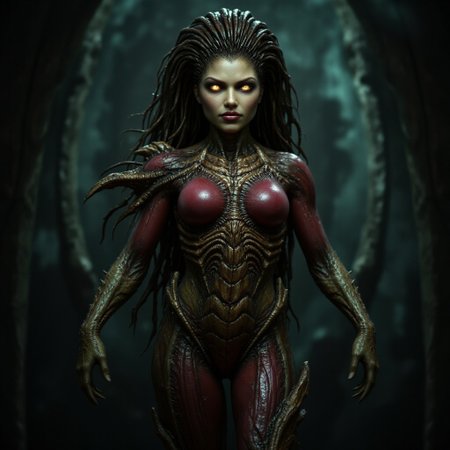 aidmafluxpro1.1, aidmarealisticskin, The image is a photograph of a female humanoid alien figure, likely a movie poster. The creature has an elongated, humanoid body with a female, muscular, athletic build. Its skin is a blend of dark green and reddish tones, with a scaly, textured surface that suggests a reptilian or insectoid origin. The creature's face is striking, with sharp, angular features, glowing yellow eyes, and a mouth filled with sharp teeth.