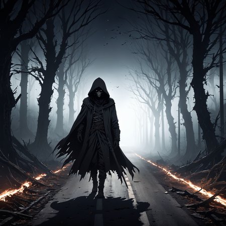 2D anime style, anime screencap, abandoned road at night, set in a dark, desolate landscape. The background features rows of lifeless trees with twisted trunks and branches, stretching into the distance. The road is littered with debris and decaying leaves, with a broken-down car rusting on the side. A thick fog rolls in, obscuring the horizon and adding to the sense of dread. Far in the distance, a dark, hooded figure looms, its presence adding to the terror. High detail and complexity, dark colors, dynamic lighting, extremely exaggerated and spooky background, terrifying atmosphere, scary details