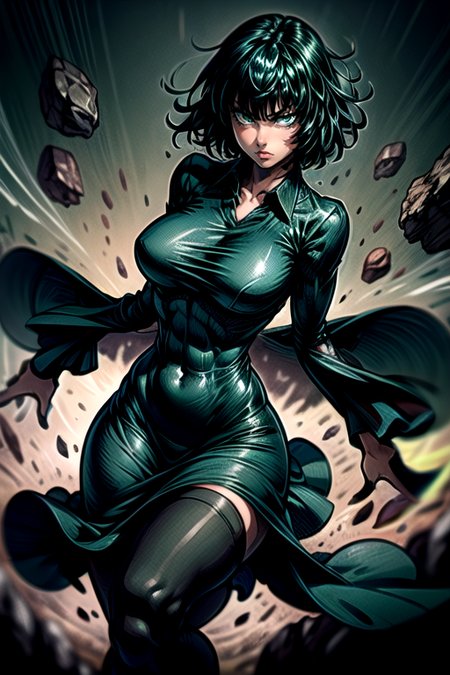 best quality, masterpiece <lora:Fubuki2:1> <lora:more_details:1> fubuki2, 1girl, solo, breasts, looking at viewer, short hair, bangs, large breasts, black hair, thighhighs, long sleeves, dress, closed mouth, green eyes, thighs, black thighhighs, grey background, black dress, covered navel, glowing, floating, impossible clothes, rock, collared dress, taut clothes, impossible dress, taut dress, telekinesis, levitation