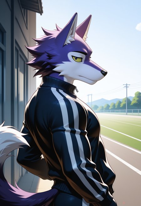 masterpiece,best quality, amazing quality, 1boy, l0b0, furry male, 1boy, solo, outside, purple fur, wolf tail, purple pupils, yellow sclera, black track jacket,two-tone fur, white fur, long sleeves, looking at viewer, bara, muscular male,close up, side angle,