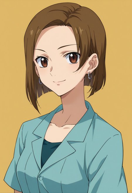 score_9,score_8_up,score_7_up,score_6_up,score_5_up,score_4_up,anime coloring BREAK source_anime,anime,<lora:Kinue_Crossroad_Gundam_00_Pony:0.7>,kinue,1girl,solo,brown eyes,brown hair,short hair,earrings,blue shirt,smile,multicolored background,portrait,upper body,looking at viewer,