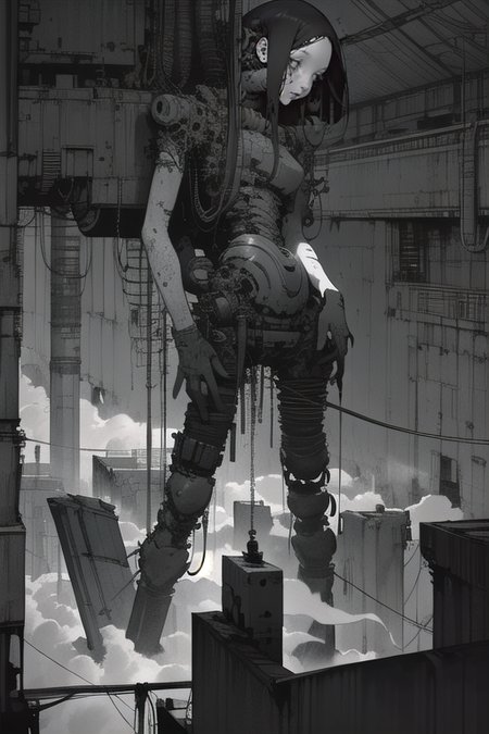 (masterpiece), (best quality), (high resolution), hyper detailed, solo, girl, detailed_background, vast, gigantic, decrepit scenery, covered in large tubes and cables, dim light,  (organic works very well with buildings and city scenery) <lora:epiNoiseoffset_v2:1.3>, <lora:blameLora_v10:1>