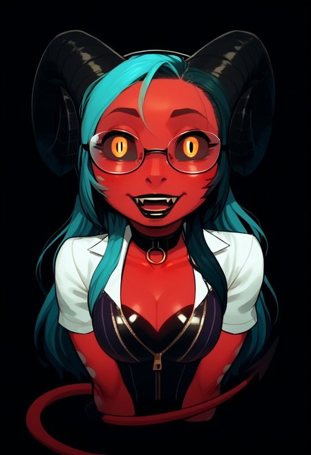a furry sticker of, white outline:1.4, HCSV1,  Helluvabossstyle, helluvastyle, HBstyle, by incase, score_9, score_8_up, score_7_up, score_6_up, score_5_up, best quality, highly detailed, intricate details, extremely detailed, masterpiece, 4k, fine details, subtle soft details, futanari, simple background, black background, ((Imp, demon)), ((red skin with white spots:1.4)), (((black sclera:1.4))), ((glowing orange eyes, orange iris, black pupils, split pupils)), (long demon tail), ((black ram horns:1.5)), ((long teal hair:1.4)), ((purple slave collar)), ((black lipstick)), black eyeliner, plump, cute, medium breasts, cleavage, curvy, long fingerless gloves, large iris, 1girl, solo, (bust shot), eyes partially closed, light blue tongue, (latex leotard under clothes:1.3), black claws, detailed white teeth, smile, teeth, smiling, happy, mechwear, (corset), bdsm, pink latex bodysuit, zipper, skin tight, pink t-shirt, shorts, shortstack, Barbie Wire, underrim_metal, glasses, under-rim eyewear, black-framed eyewear, crop jacket, MarcilleWalleyed,Derpface,open mouth, Wall eyed,