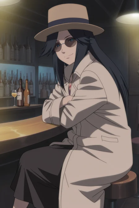 anime screencap, anime coloring, detailed face, masterpiece, best quality, very aesthetic, absurdres, volumetric lighting, official style, amazing quality, ultra detailed,  highres, amazing quality, scenery, beautiful detailed hair, beautiful detailed eyes
 <lora:Koyuki_Kazahana_Naruto_the_Movie_Ninja_Clash_in_the_Land_of_Snow_-_Illustrious_r2:1>
at a bar, sitting on a bar stool, alcohol botles,
Koyuki Kazahana (character), 1girl, solo, black hair, long hair, blue eyes, Koyuki disguise outfit, coat, hat, sunglasses,
looking at the viewer, sly smile, sitting, arms crossed,