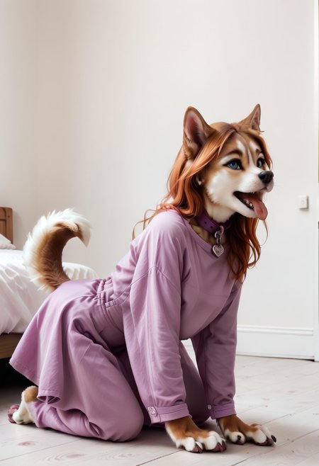 solo, dog girl, dog ears, wearing long sleeve purple 1960's dress,  on all fours, paw pose, canine tongue, tongue out, exited, lavender leather dog collar, paws, (raised tail under skirt), side view, external, in a meadow, human eyes, ((corgi dog muzzle)) , canine hind paws, canine hands, sitting like a dog, orange hair, hair in shoulder length style with bangs, in the style of Daphne from scooby doo, no human ears