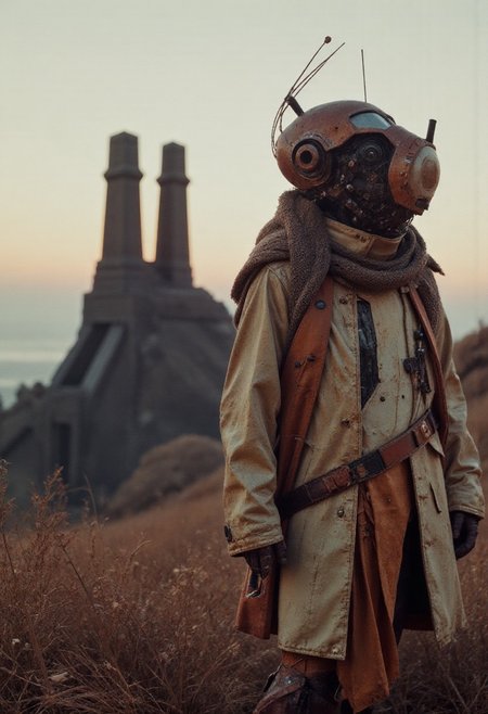 in the style of franck-bohbot, In the foreground stands the decayed yet strikingly intricate form of a wired cyborg, its metallic finish weathered with bleaked orange and green hues, the hull outworn and rusted with age. The robot’s translucent glass elements shimmer faintly in the soft twilight, with seams and intricate wiring exposed, while antennas sprout from its hea. Its face, detailed with camera lenses instead of pupils, conveys a haunting presence, while a high-collared, reinforced parka with a fur hood wraps its form in a look of utilitarian resilience.
Behind this relic of a bygone era, a massive abyss hovers in the vastness of outer space, its colossal form seemingly bowing down to the viewer. Two towering structures, forged from black metal, rise ominously into the high clouds. Their sleek, modern-medieval design incorporates both sharp geometric angles and massive windows that reflect the fading light. 
The hyper-realistic scene captures a tranquil, mist-shrouded landscape at twilight, with rolling hills and deep valleys bathed in soft orange light. The terrain is covered with delicate shrubs and grasses, their leaves tinged in deep black-pink hues, creating a striking contrast against the cool, misty atmosphere. The cyborg, with its detailed, weathered design and glassy elements, set against the towering black metal structures, evokes a haunting yet mesmerizing fusion of forgotten technology and timeless natural beauty.