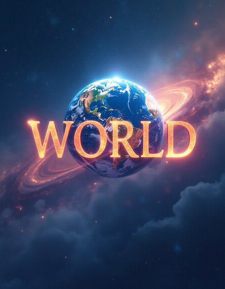 ethereal fantasy concept art of  text "WORLD" in the space where is actual Earth . magnificent, celestial, ethereal, painterly, epic, majestic, magical, fantasy art, cover art, dreamy