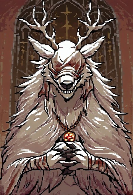 score_9, score_8_up, score_7_up, score_6_up, pixel, commodore, upper body, bbvicamelia, white fur, sharp teeth, claws, paws, digitigrade, golden pendant necklace, bloody bandages, dark church background, praying