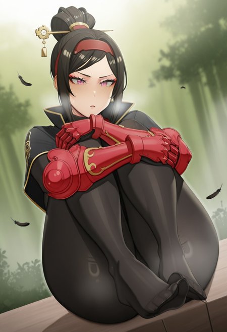 handplug, outdoors, undershirt, falling feathers, black bodysuit, hair stick, hugging own legs, , gauntlets,   eyeshadow,   red gloves,  high ponytail,  , black capelet, red hairband, pink eyes, 1girl, solo, feet, visible breath,   dynamic angle, foreshortening, smell, steam,