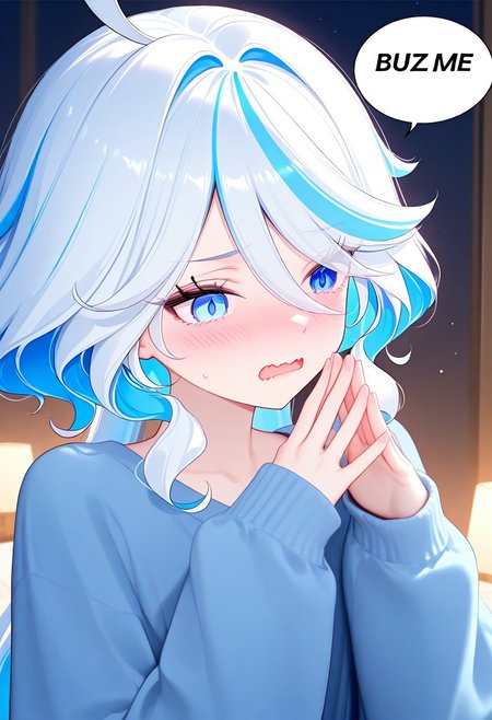 masterpiece, best quality, highres, hdr, detailed background, perfect lighting, soft_colors, watercolor_(medium),
(artist:ask_(askzy)),(artist:icwine:0.8),(artist:ama_mitsuki:0.8),(artist:chen bin:0.9),(artist:mignon:0.7),
(1girl, furina_(genshin_impact),  embarrassed, blush, wavy mouth, steepled_fingers)
,"BUZZ ME" in the speech bubble,speech bubble,english text, talking,