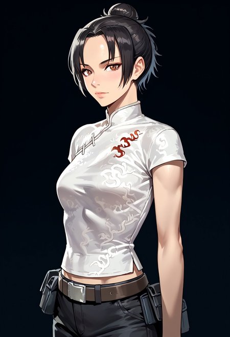 score_9, score_8_up, score_7_up, source_realistic, BREAK 1girl, solo, fongling, black hair, hair bun, Chinese clothes, single glove, belt, pouches, pants,