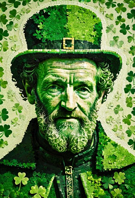 portrait of St. Patrick, composed entirely of shamrocks, varying shades of green, pixelated texture, negative space outline, mosaic effect