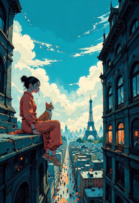 A dynamic anime-style illustration of a glamour woman sitting on the edge of a building in paris, overlooking the eiffel tower, high above the city. She has her legs stretched forward with her hands gently resting on her knees, her upper body leaning slightly forward. her cat rests next to her on the ledge. She wears a bright pink dress,  and vibrant pink sandals with white soles. Her golden blonde hair flows naturally in the breeze.
The background features a vivid urban parisian cityscape , with detailed buildings, small cars, and bustling streets far below. The perspective emphasizes depth and height, creating a thrilling and adventurous atmosphere. The color scheme is dominated by bright blue and pink tones, with orange and green elements.
The sunlight casts soft, warm shadows, enhancing the vibrant and energetic mood. The overall composition is dynamic and asymmetrical, with a strong sense of scale and movement in the scene.
<lora:Anime v1.3:1.2> <lora:Blue_Future:0.9>, painted world