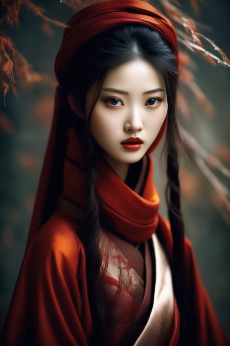 <lora:Zhang Jingna Style:1>Zhang Jingna Style - an asian very beautiful girl in an dark red scarf, in the style of zhang jingna, soft-focus technique, dark orange and bronze, hallyu, associated press photo, heian period, i can't believe how beautiful this is